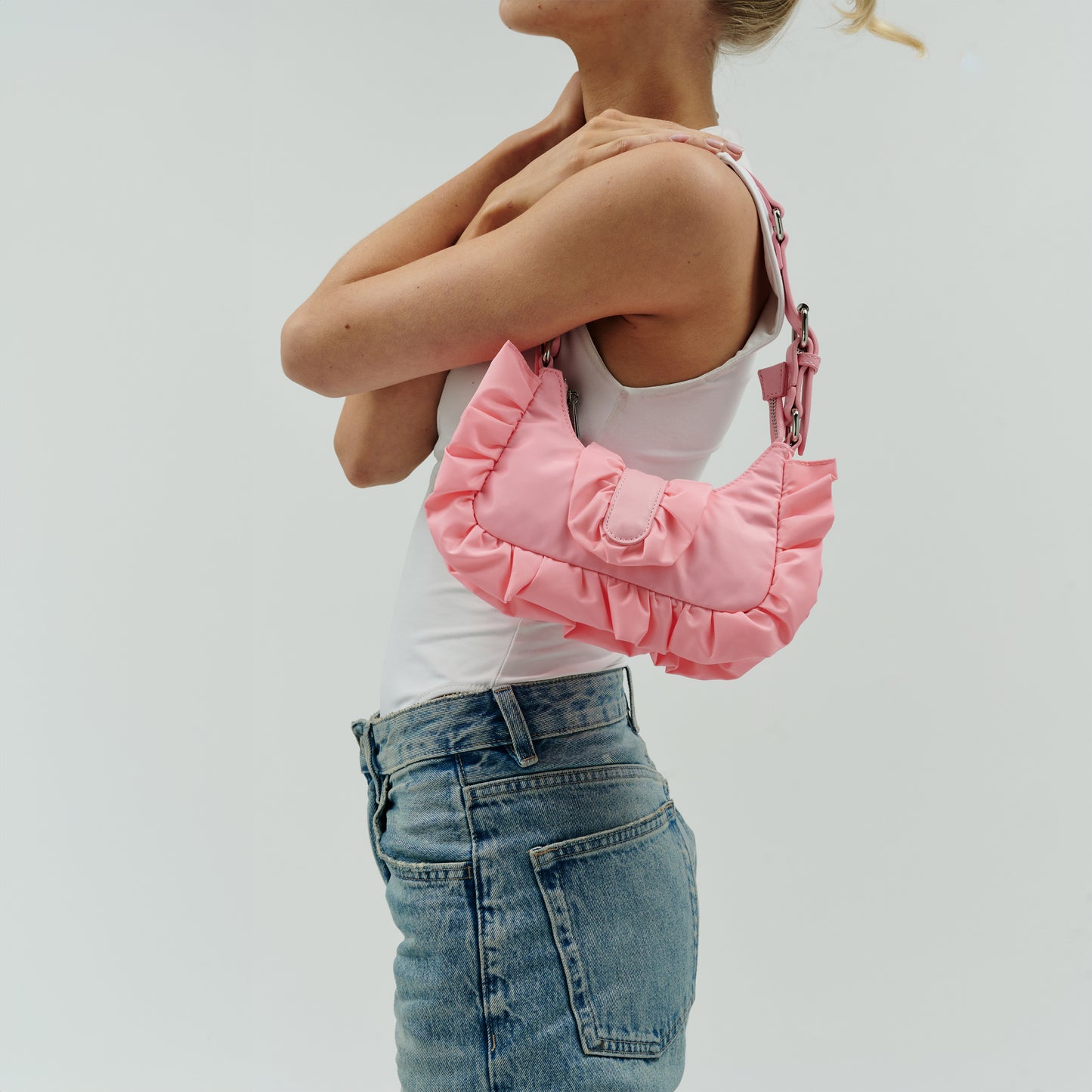 Núnoo Palma Ruffle Recycled Nylon Light Pink Small bag